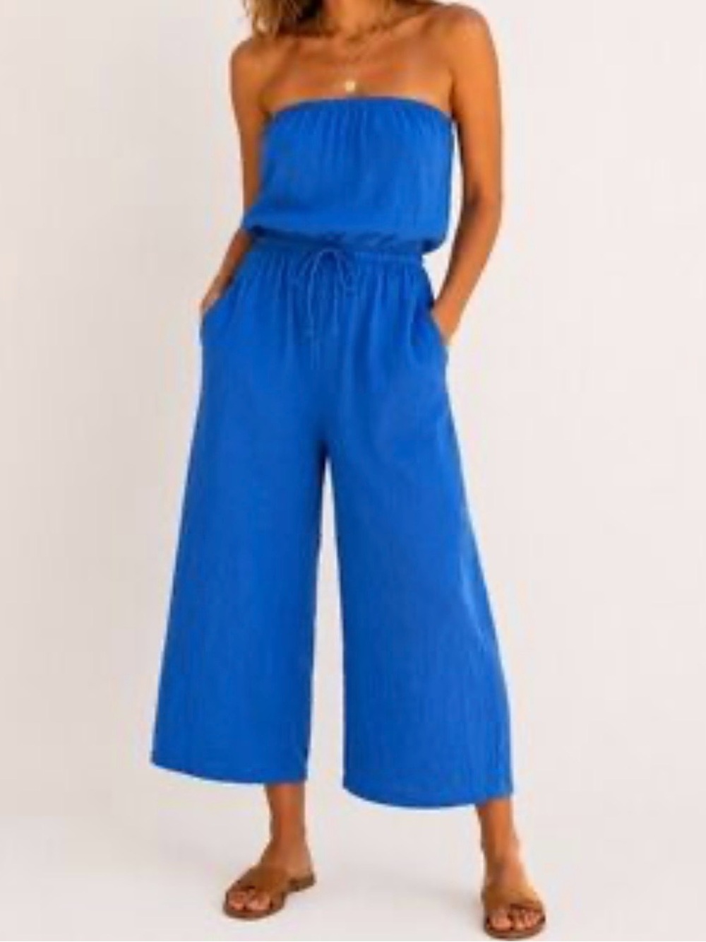 Aerie Retro Summer Strapless Wide Leg Drwastring Jumpsuit